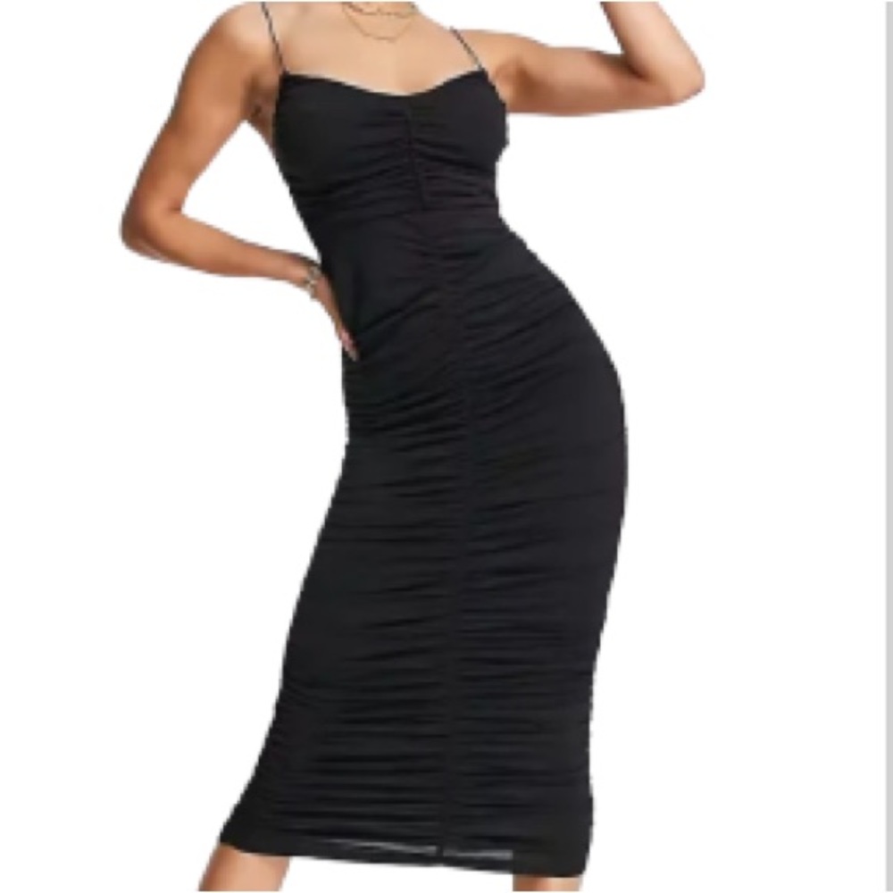 ASOS Body Contour Ruched Black Form Fitting Party Evening Dress Womens Size 14